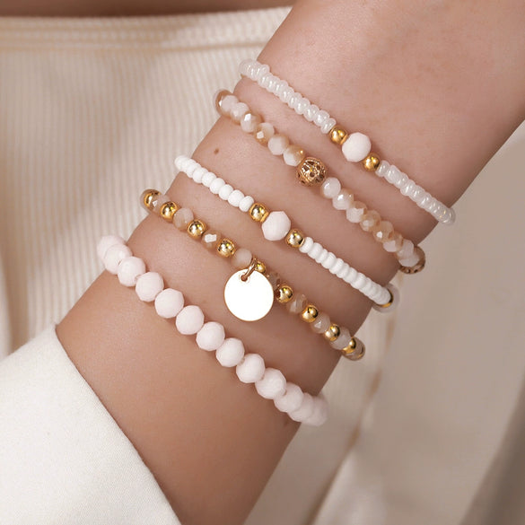 Multilayer Stacked Bracelet Bohemian Style Handmade Alloy Glass Rice Bead Geometric Pendant Unisex