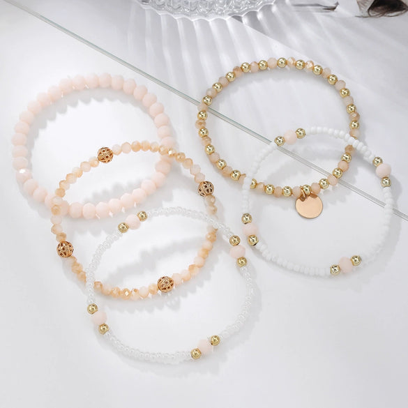 Multilayer Stacked Bracelet Bohemian Style Handmade Alloy Glass Rice Bead Geometric Pendant Unisex