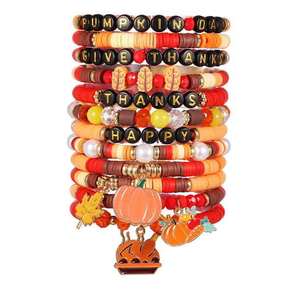Multilayer Stacked Bracelet Polymer Clay Handmade With Thanksgiving Elements Like Turkey Maple Leaf And Styling Of Letters Numbers Text