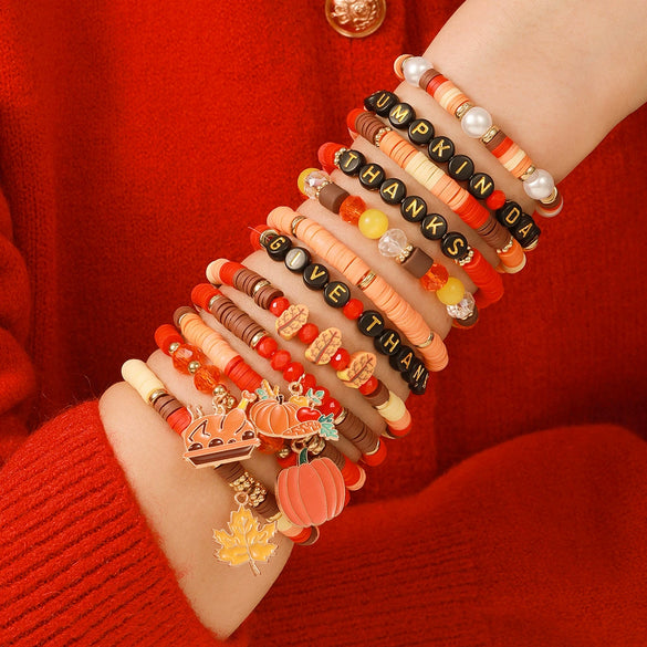 Multilayer Stacked Bracelet Polymer Clay Handmade With Thanksgiving Elements Like Turkey Maple Leaf And Styling Of Letters Numbers Text