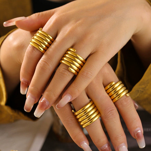 Multilayer Winding Wide Ring Light Luxury Texturized Stainless Steel 18K Gold Plated Geometric Ring For Women