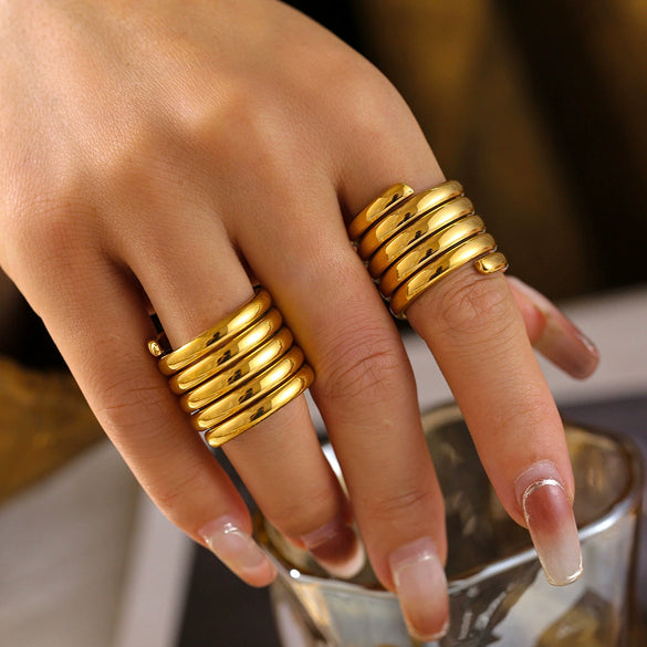 Multilayer Winding Wide Ring Light Luxury Texturized Stainless Steel 18K Gold Plated Geometric Ring For Women