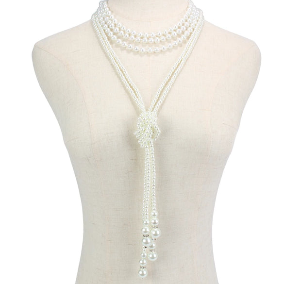 Multilayered Imitation Pearl Necklace Retro Style With Pearlescent Treatment Snake Bone Chain Pendant