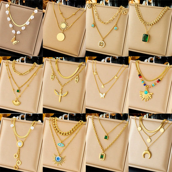 Multilayered Star Tree Of Life Stainless Steel Chain Necklace With Electroplating