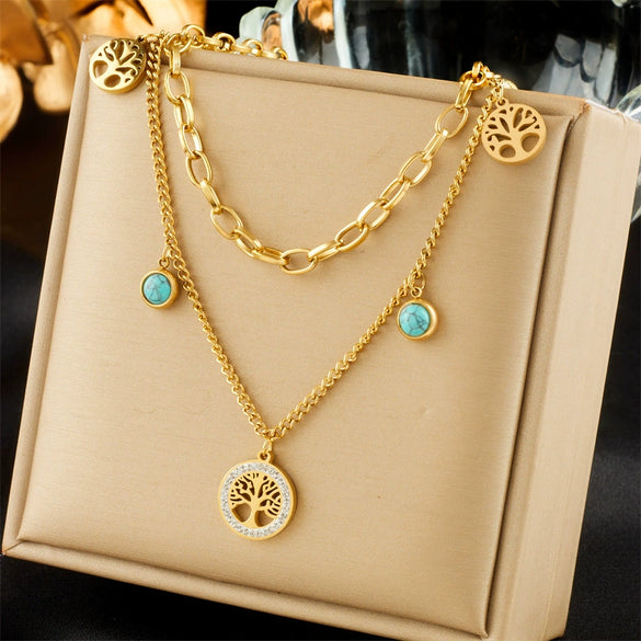 Multilayered Star Tree Of Life Stainless Steel Chain Necklace With Electroplating