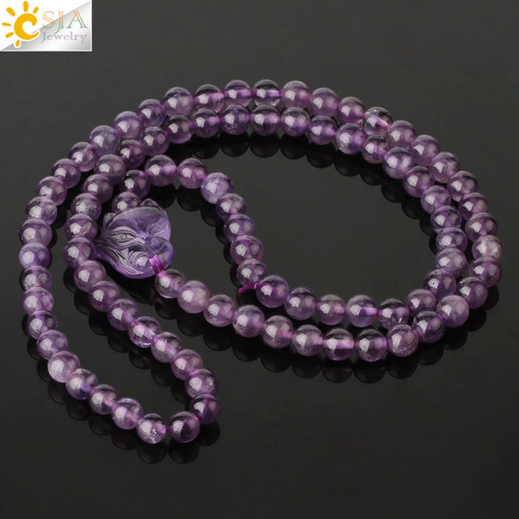 Natural Amethyst Crystal Beaded Wrap Bracelet With Cute Fox Animal Charm Minimalist Unisex Stone Bracelet