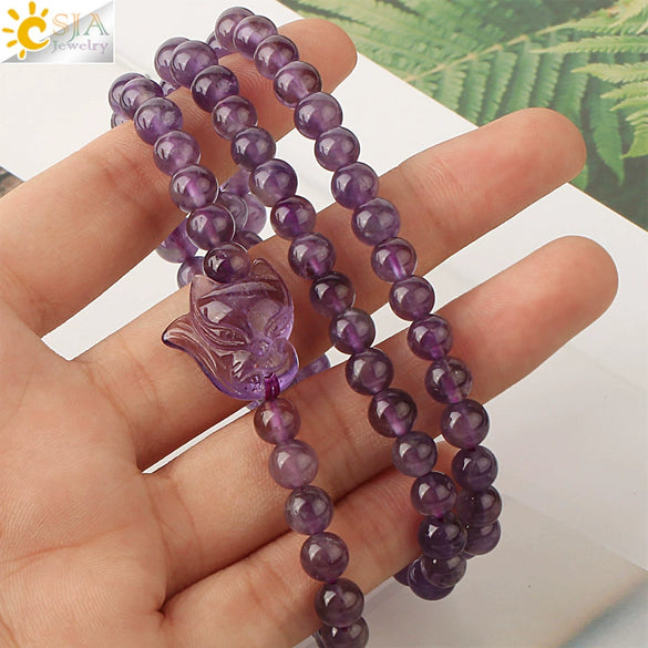 Natural Amethyst Crystal Beaded Wrap Bracelet With Cute Fox Animal Charm Minimalist Unisex Stone Bracelet