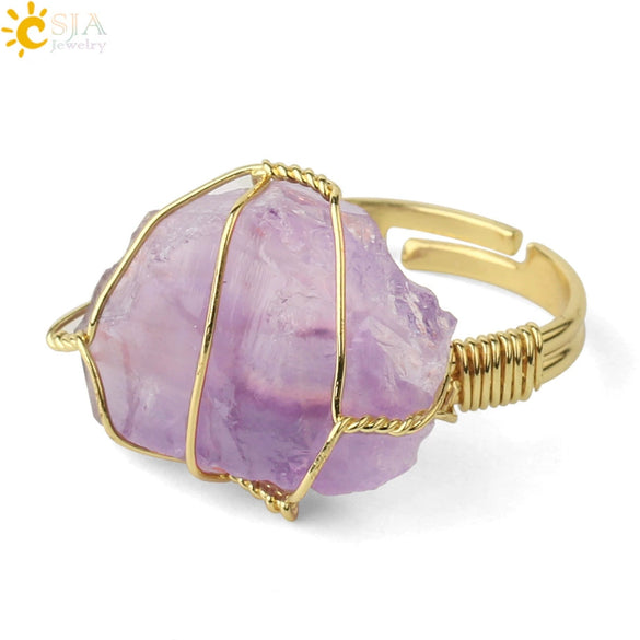 Natural Amethyst Crystal Gold Plated Geometric Open Ring Minimalist Adjustable Statement Jewelry For Women And Unisex Wear