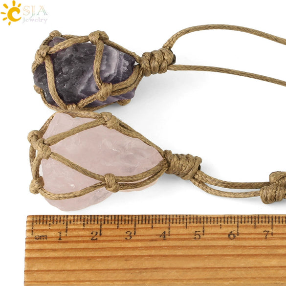 Natural Amethyst Pendant Necklace Handmade With Cowhide Rope Geometric Style