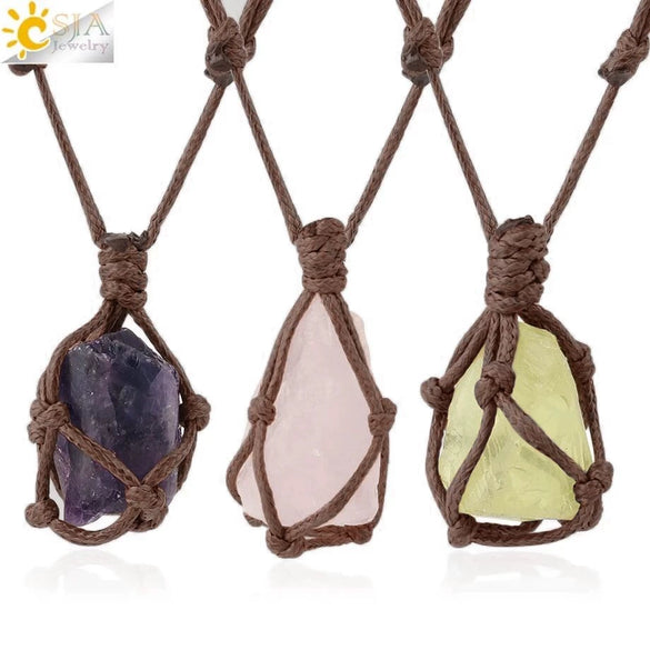 Natural Amethyst Pendant Necklace Handmade With Cowhide Rope Geometric Style