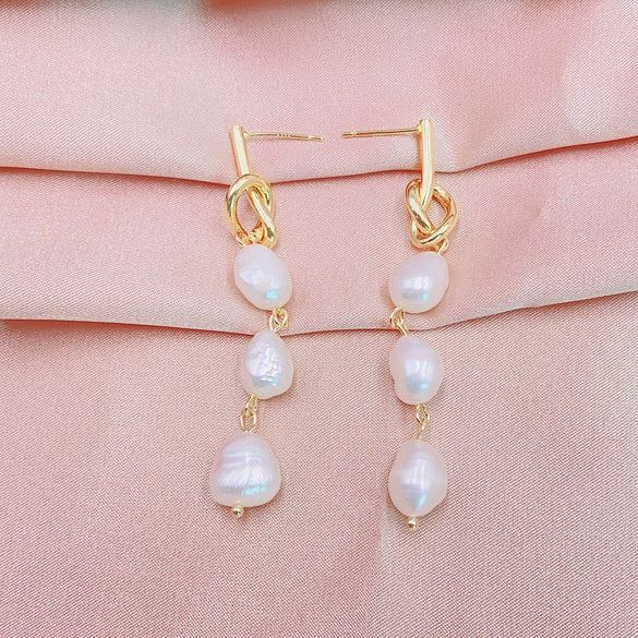Natural Baroque Pearl Simple Retro Long Knot Slimming Earrings