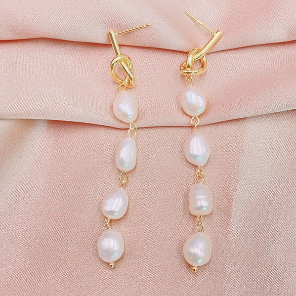 Natural Baroque Pearl Simple Retro Long Knot Slimming Earrings