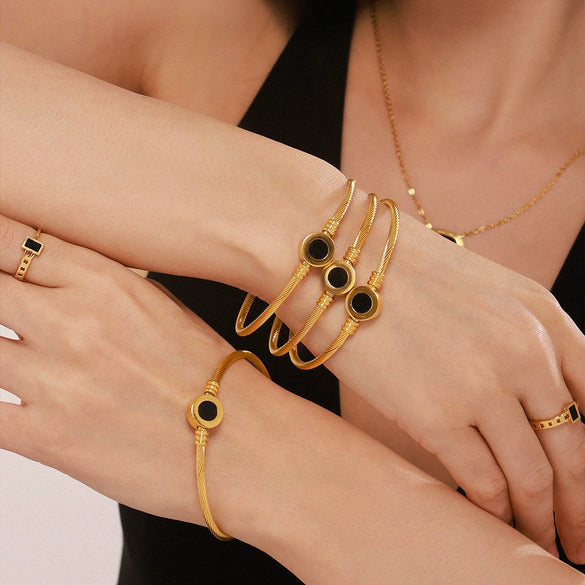 Natural Black Fritillaria Open Bracelet Stainless Steel Pvd Electroplated 18K True Gold Geometric Style Jewelry