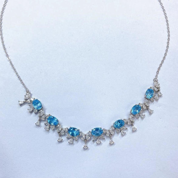 Natural Blue Topaz Gem Inlaid U Shaped Geometric Sterling Silver Pendant Necklace In Simple Fashion Style