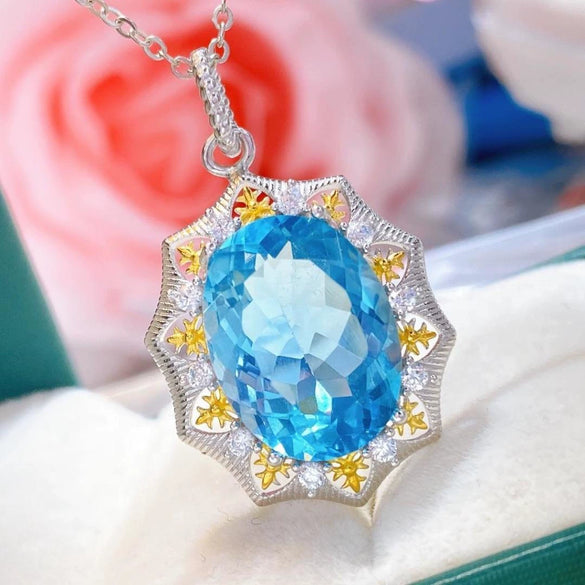 Natural Blue Topaz Gem Inlaid U Shaped Geometric Sterling Silver Pendant Necklace In Simple Fashion Style