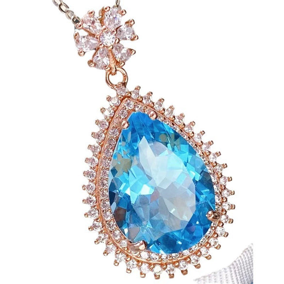 Natural Blue Topaz Gem Inlaid U Shaped Geometric Sterling Silver Pendant Necklace In Simple Fashion Style