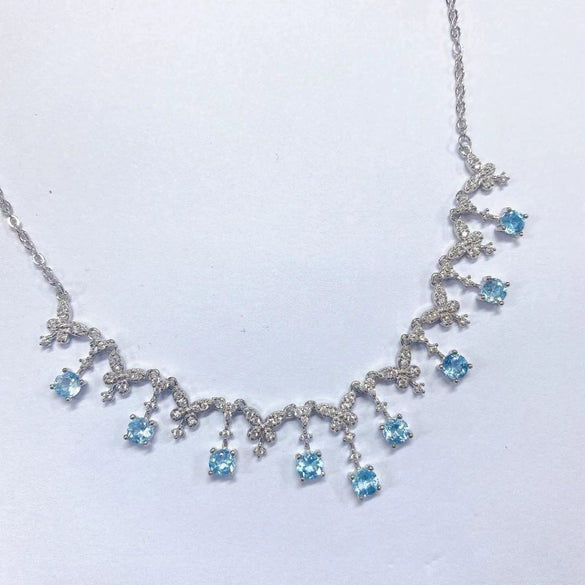 Natural Blue Topaz Gem Inlaid U Shaped Geometric Sterling Silver Pendant Necklace In Simple Fashion Style
