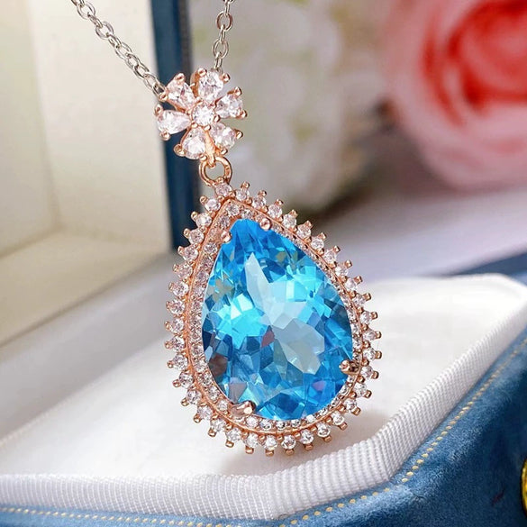 Natural Blue Topaz Gem Inlaid U Shaped Geometric Sterling Silver Pendant Necklace In Simple Fashion Style