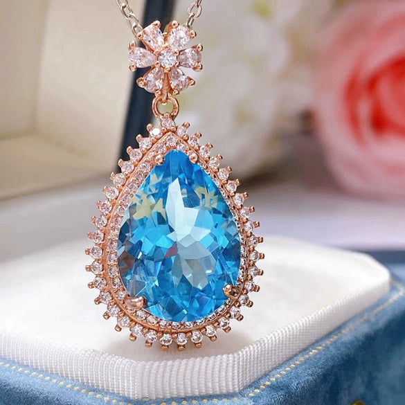 Natural Blue Topaz Gem Inlaid U Shaped Geometric Sterling Silver Pendant Necklace In Simple Fashion Style