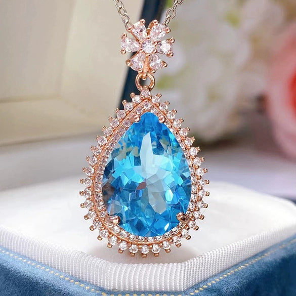 Natural Blue Topaz Gem Inlaid U Shaped Geometric Sterling Silver Pendant Necklace In Simple Fashion Style