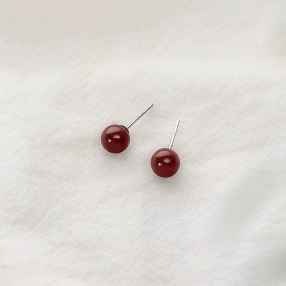 Natural Cinnabar Geometric Stud Earrings With Silver Ear Posts Electroplated Small Red Bean Earrings For Women