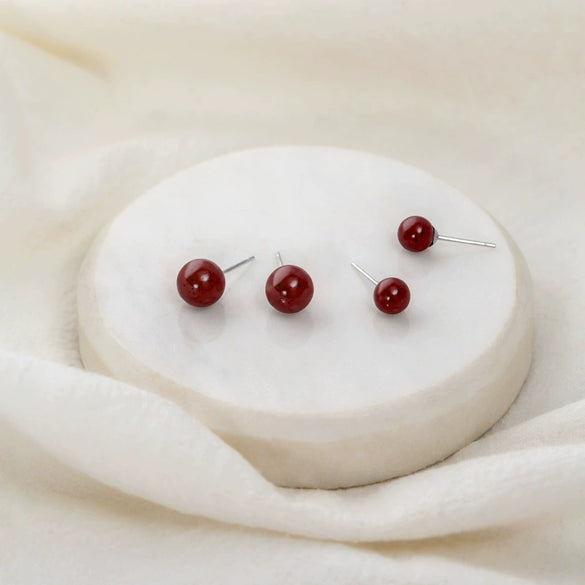 Natural Cinnabar Geometric Stud Earrings With Silver Ear Posts Electroplated Small Red Bean Earrings For Women