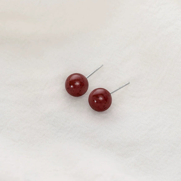 Natural Cinnabar Geometric Stud Earrings With Silver Ear Posts Electroplated Small Red Bean Earrings For Women