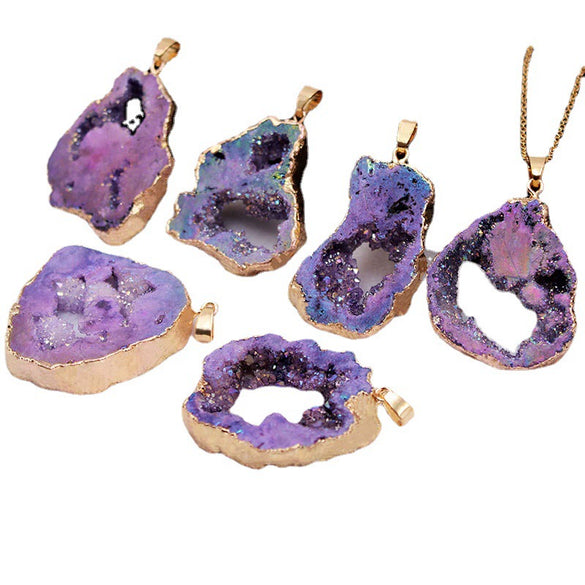 Natural Crystal Agate Cave Pendant Necklace With Electroplated Edge For Unisex Featuring Geometry Styling And Pattern Original Design Ochain Mixed Gem Inlay