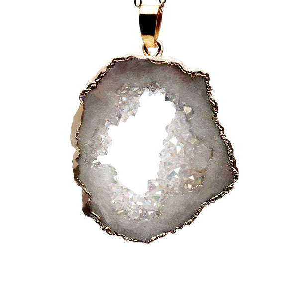 Natural Crystal Agate Cave Pendant Necklace With Electroplated Edge For Unisex Featuring Geometry Styling And Pattern Original Design Ochain Mixed Gem Inlay