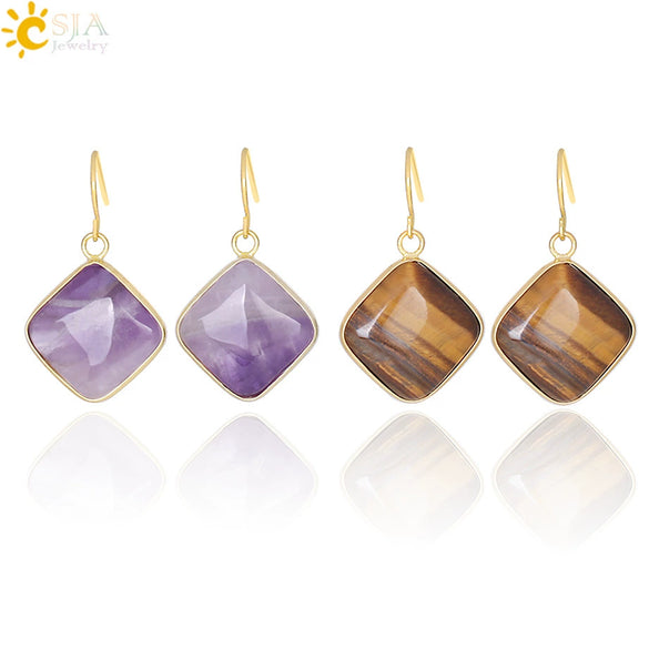 Natural Crystal Amethyst Geometric Earrings For Women With Electroplated Creative Style