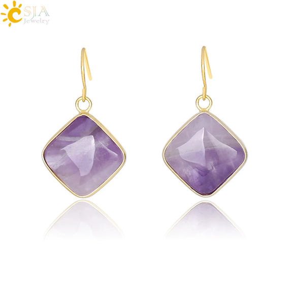 Natural Crystal Amethyst Geometric Earrings For Women With Electroplated Creative Style