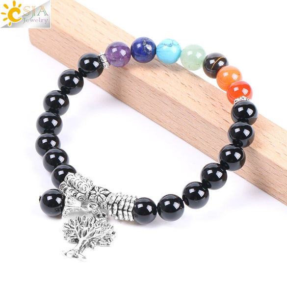 Natural Crystal And Black Onyx Beaded Bracelet With Tree Charm Minimalist Colorful Stone Yoga Bracelet For Women And Unisex Wear