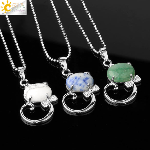 Natural Crystal Cat Pendant Necklace With Ball Chain Electroplated Animal Zodiac Semi Precious Stone Jewelry For Unisex