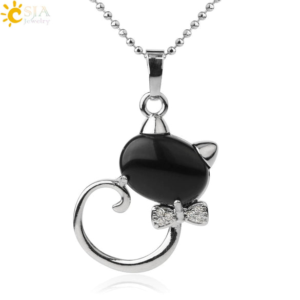 Natural Crystal Cat Pendant Necklace With Ball Chain Electroplated Animal Zodiac Semi Precious Stone Jewelry For Unisex