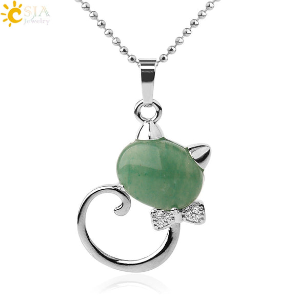Natural Crystal Cat Pendant Necklace With Ball Chain Electroplated Animal Zodiac Semi Precious Stone Jewelry For Unisex