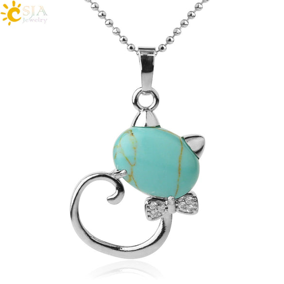 Natural Crystal Cat Pendant Necklace With Ball Chain Electroplated Animal Zodiac Semi Precious Stone Jewelry For Unisex