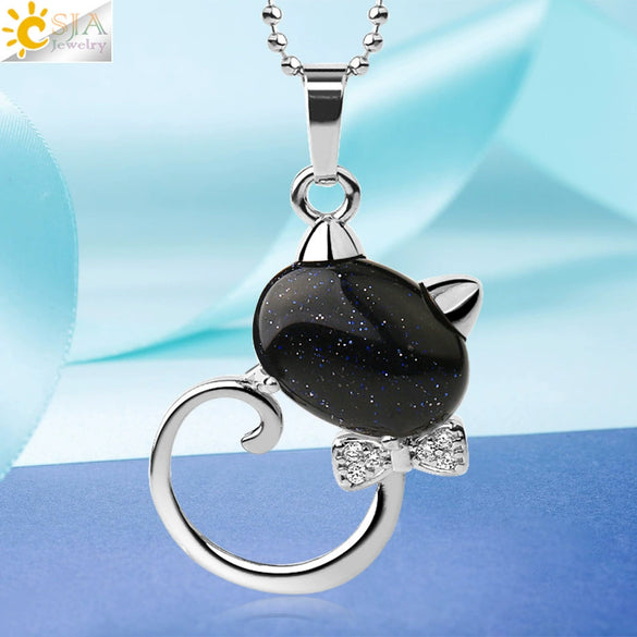 Natural Crystal Cat Pendant Necklace With Ball Chain Electroplated Animal Zodiac Semi Precious Stone Jewelry For Unisex