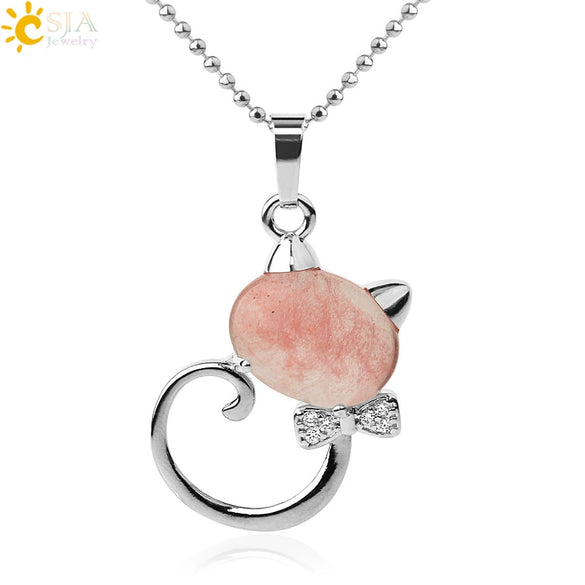 Natural Crystal Cat Pendant Necklace With Ball Chain Electroplated Animal Zodiac Semi Precious Stone Jewelry For Unisex