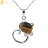 Natural Crystal Cat Pendant Necklace With Ball Chain Electroplated Animal Zodiac Semi Precious Stone Jewelry For Unisex