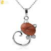 Natural Crystal Cat Pendant Necklace With Ball Chain Electroplated Animal Zodiac Semi Precious Stone Jewelry For Unisex