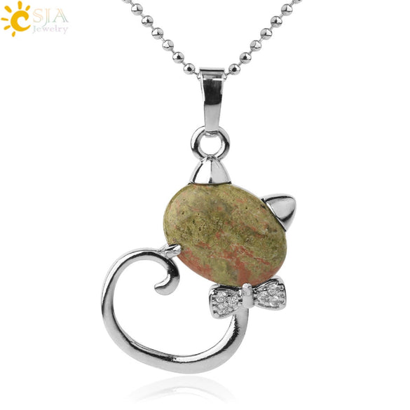 Natural Crystal Cat Pendant Necklace With Ball Chain Electroplated Animal Zodiac Semi Precious Stone Jewelry For Unisex