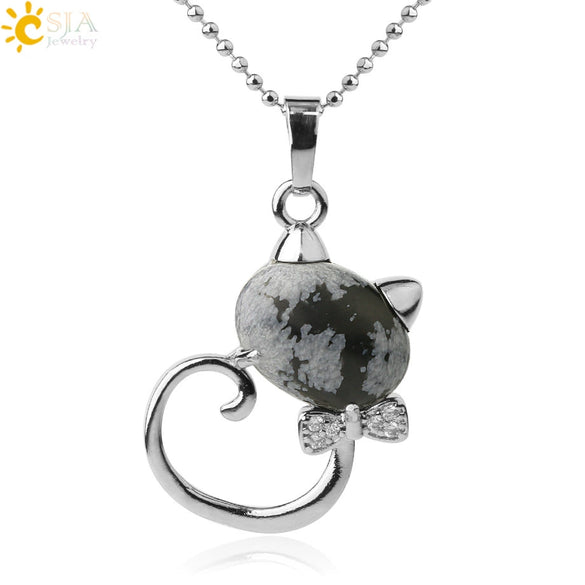 Natural Crystal Cat Pendant Necklace With Ball Chain Electroplated Animal Zodiac Semi Precious Stone Jewelry For Unisex