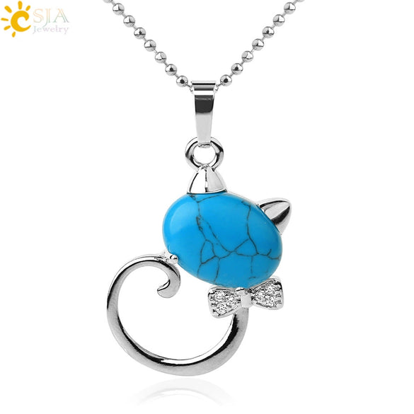 Natural Crystal Cat Pendant Necklace With Ball Chain Electroplated Animal Zodiac Semi Precious Stone Jewelry For Unisex