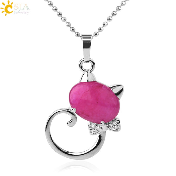 Natural Crystal Cat Pendant Necklace With Ball Chain Electroplated Animal Zodiac Semi Precious Stone Jewelry For Unisex