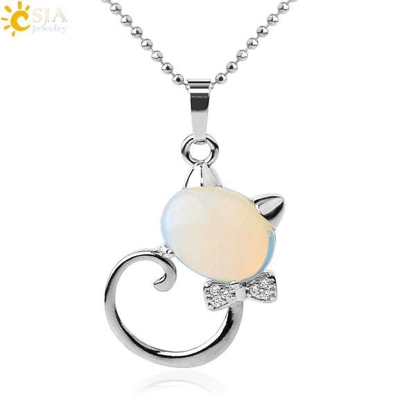 Natural Crystal Cat Pendant Necklace With Ball Chain Electroplated Animal Zodiac Semi Precious Stone Jewelry For Unisex