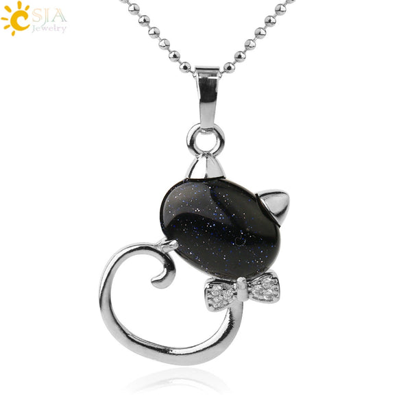 Natural Crystal Cat Pendant Necklace With Ball Chain Electroplated Animal Zodiac Semi Precious Stone Jewelry For Unisex