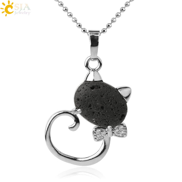 Natural Crystal Cat Pendant Necklace With Ball Chain Electroplated Animal Zodiac Semi Precious Stone Jewelry For Unisex