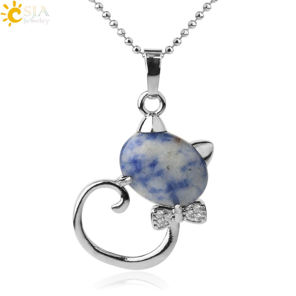Natural Crystal Cat Pendant Necklace With Ball Chain Electroplated Animal Zodiac Semi Precious Stone Jewelry For Unisex