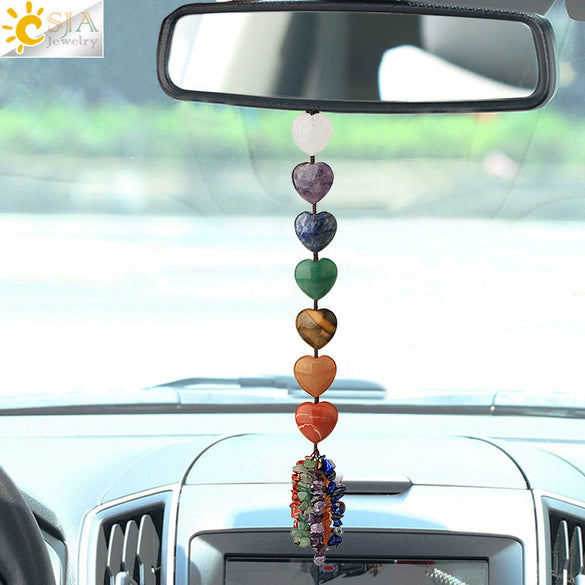 Natural Crystal Stone Heart Car Ornament With Colorful Short Tassel Hand Woven Personality Jewelry Dripping Oil Craft