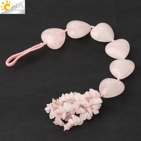 Natural Crystal Stone Heart Car Ornament With Colorful Short Tassel Hand Woven Personality Jewelry Dripping Oil Craft